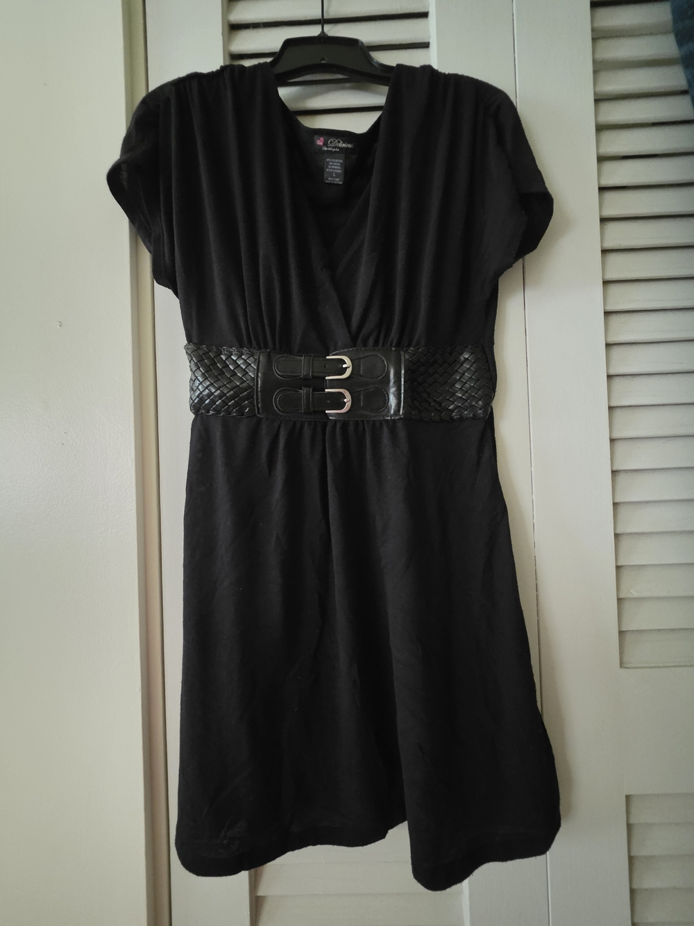 Delirious Black Faux-Wrap Short Sleeve Dress with Woven Waist Belt